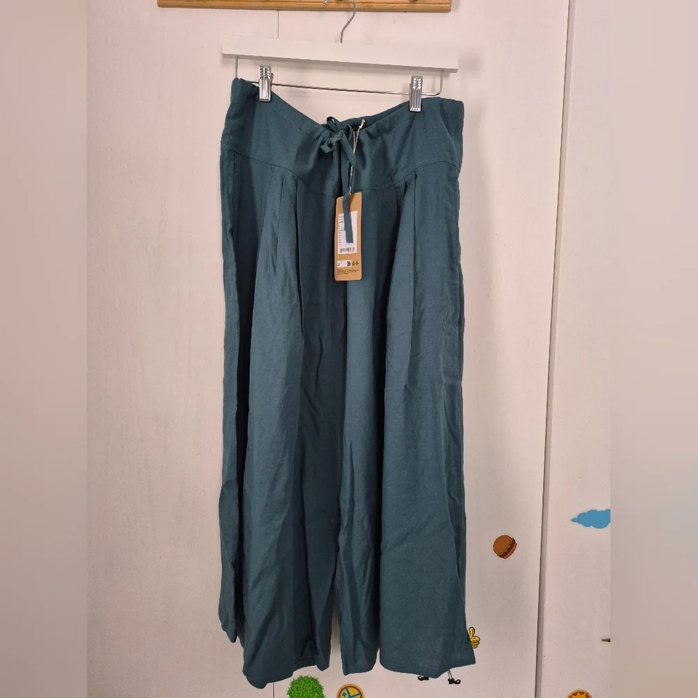Gudrun Sjoden Teal Wide Leg Linen-Blend Pants - Picture 3 of 6